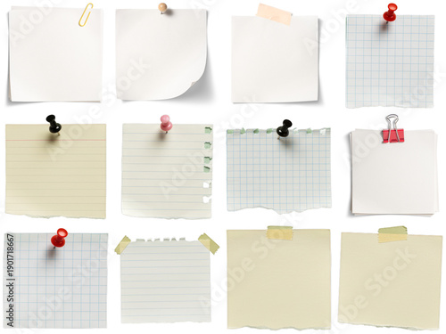 фотографія collection of blank paper notes, sticky notes, and memo pads, each secured with pins or clips, isolated on black