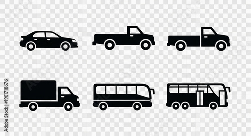 Collection of Black Vehicle Silhouettes on Transparent Background.