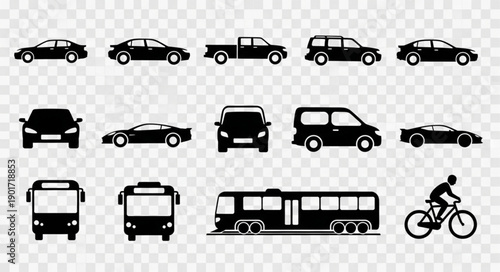 Collection of Black Vehicle Silhouettes on Transparent Background.