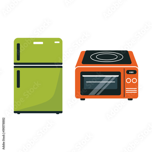 Retro green refrigerator and orange countertop oven, compact kitchen appliances illustration for dorm room, studio apartment, rental listing design