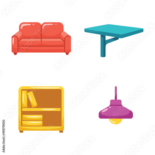 Living room essentials vector set with sofa, coffee table, bookshelf cabinet, hanging lamp, home show event, interior styling workshop promotion