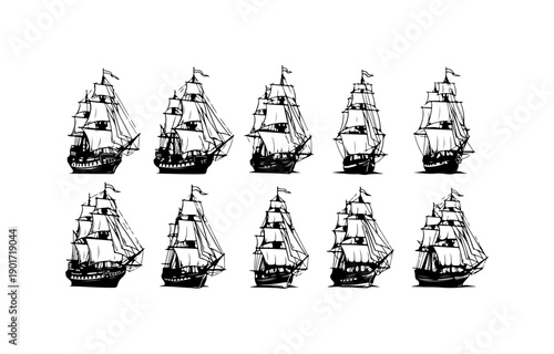 Historical Tall Ships Vector Illustration Set
