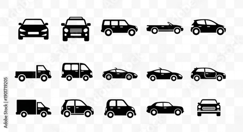 Collection of diverse car icons representing various vehicle types.