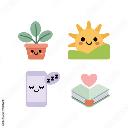 Self care routine icons with houseplant, smiling sun, sleeping phone and heart book, digital detox vector for wellness morning design