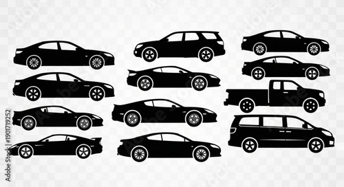 Collection of Diverse Car Silhouettes on Transparent Background.