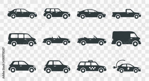 Collection of Diverse Car Silhouettes on Transparent Background.