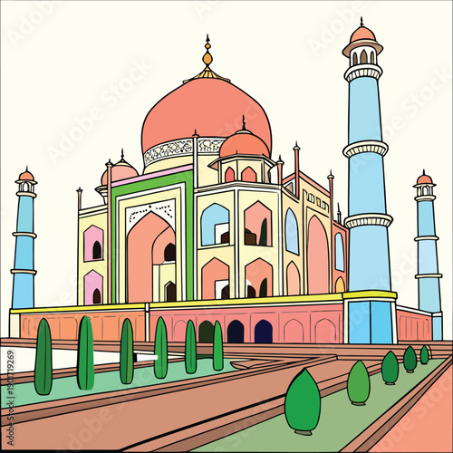 The Taj Mahal in Agra India is a famous white marble monument with beautiful domes and minarets representing history culture and architecture