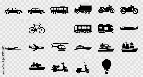 Collection of diverse transportation vehicle icons silhouette.