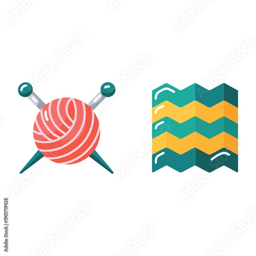 Knitting yarn ball with needles and chevron stitch swatch, cozy winter craft illustration for sweater design, yarn shop, workshop promotion