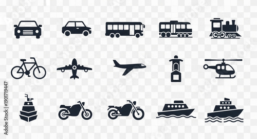 Collection of diverse transportation vehicle icons silhouette.