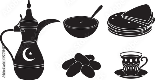 Ramadan Kareem Icons: Mosque, Crescent Moon, Star, and Dates