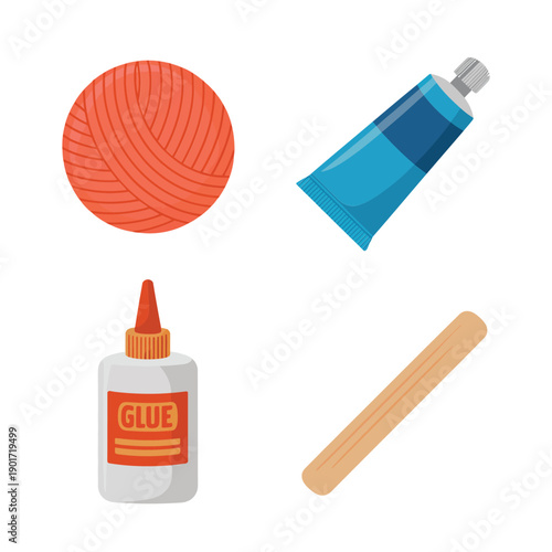 Makers class materials, yarn ball, glue, craft stick, acrylic paint, simple projects session, after school club activity, summer camp