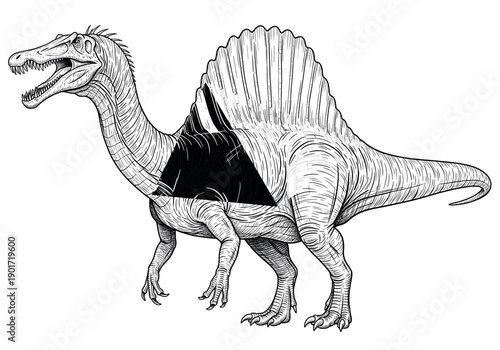 Detailed Spinosaurus Dinosaur Illustration in Engraving Style, Prehistoric Reptile Skeleton Anatomy Concept Vector Art