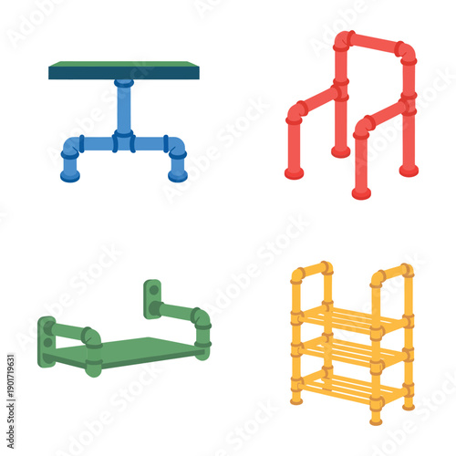 Modular pipe frame systems, stools and stands, design thinking workshop, prototyping session, home studio organization ideas, maker market display