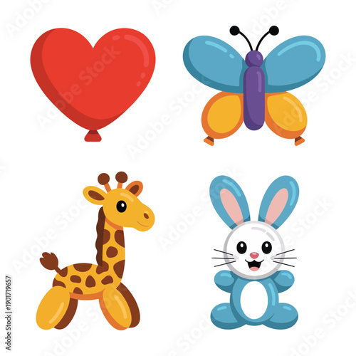 Heart balloon and butterfly balloon icons for kids festival, school fair signage, birthday photo booth session, party decoration vector