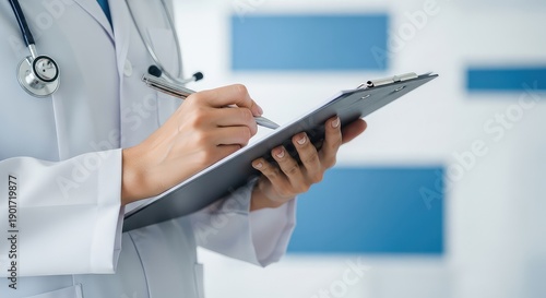 Close up of doctor writing on clipboard in hospital office showing medical healthcare and wellness concept  110 char