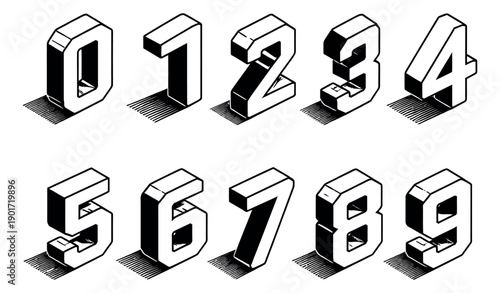 Hand drawn isometric line art numbers set featuring all digits from zero to nine with a 3d effect and hatching drop shadows