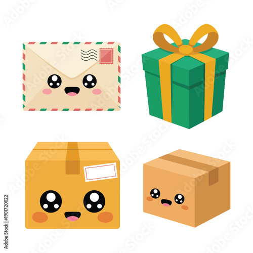 Parcel and letter kawaii set with gifts and boxes vector, holiday shipping week, packaging design workshop, unboxing theme, ecommerce celebration.