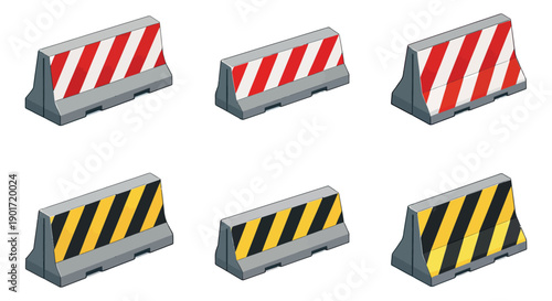 Isometric traffic barrier set featuring striped concrete road barriers for construction and safety