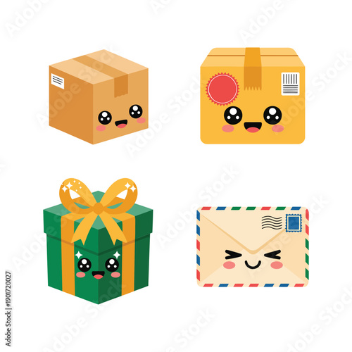 Holiday shipping and gift wrap icons, parcels, present, envelope, community donation drive poster, packing station session, courier drop box