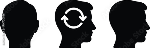 Human head silhouettes illustrating thinking process psychology mindset transformation mental cycle concept icon isolated vector illustration design minimal