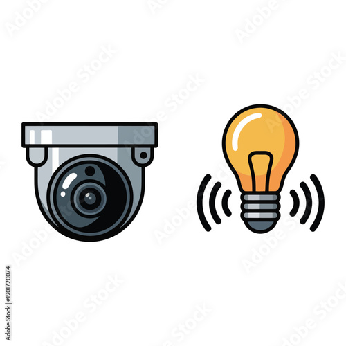 Security camera with light bulb icon, facility safety expo poster, surveillance system demo, lighting efficiency workshop, risk assessment session
