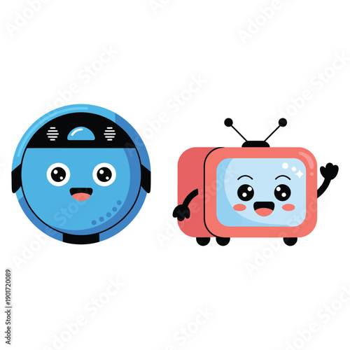 Service robot mascots set, household helper, cleaning robot, retro television buddy, robotics fair banner, coding lab session, demo arena
