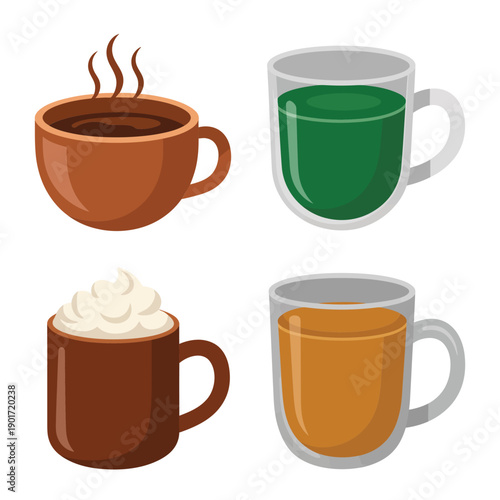 Mixed hot beverage mugs, steaming coffee, herbal tea, latte foam, winter cafe festival branding, tasting session menu graphics, vector illustration
