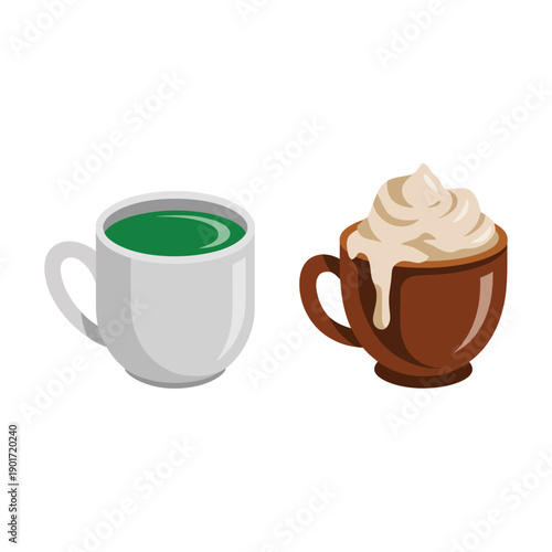 Hot drinks mugs, matcha green tea and cocoa with cream, winter cafe poster, holiday market tasting session vector illustration