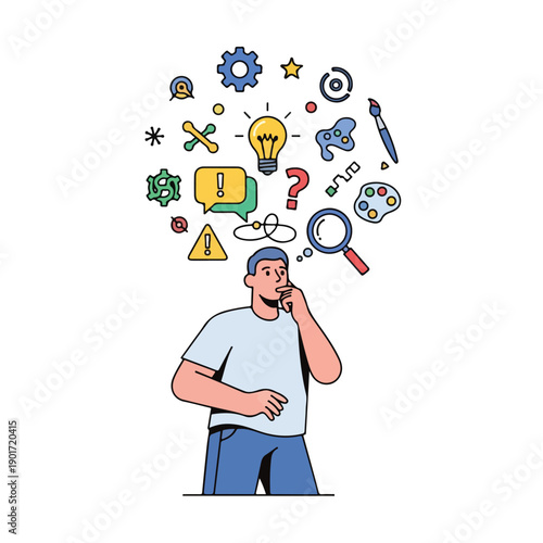 A man in thought with creative symbols