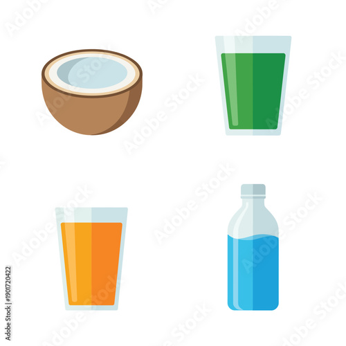 Assorted juice and water set with coconut half, green shot, orange glass, blue bottle, clean beverage icons for menu