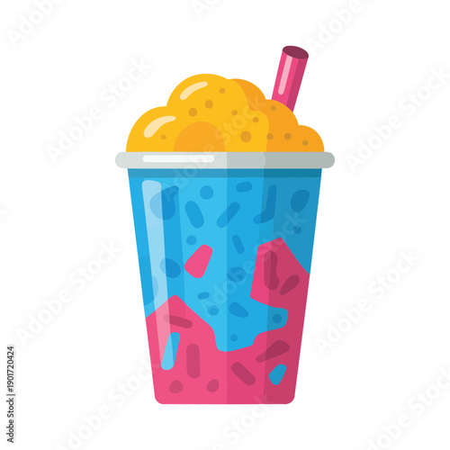 Large colorful slush drink cup with straw, refreshing summer beverage icon for festival stand, smoothie bar menu, party design