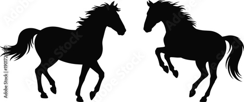 Running horse silhouette pair black stallion isolated white background equine vector illustration collection