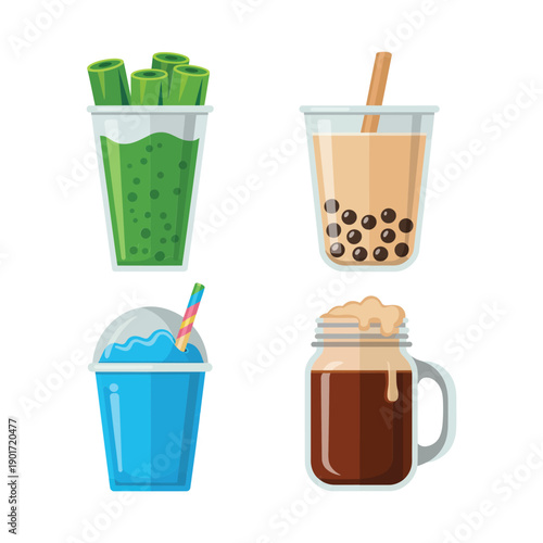 Cold beverage mix with green smoothie, bubble tea, creamy iced coffee, and blue slush, cafe menu icons for summer