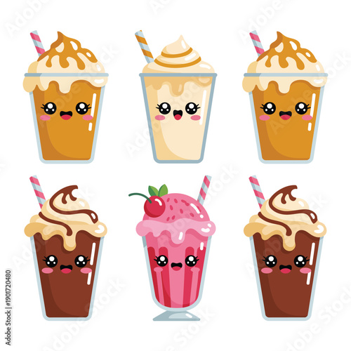 Cute kawaii frappe and milkshake collection with smiling cups, caramel swirls, straws, dessert beverage icons for cafe poster design
