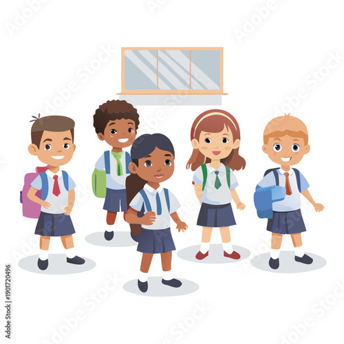 Happy children in school uniform with backpacks in class. Boys and girls multiethnic classmates go back to school. Kids playing, standing in different ... See More