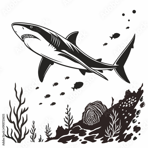 Black and white of shark swimming through ocean with coral and fish