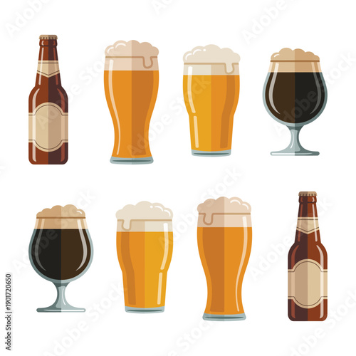 Variety beer glasses and bottles vector set for tasting event poster, bar menu layout, brewery festival, pub signage, craft beverage