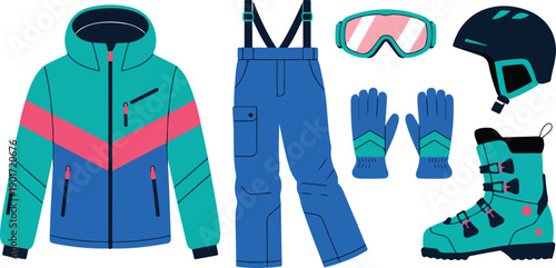 Winter Sports Clothing Vector Illustration Set with Ski Apparel and Accessories