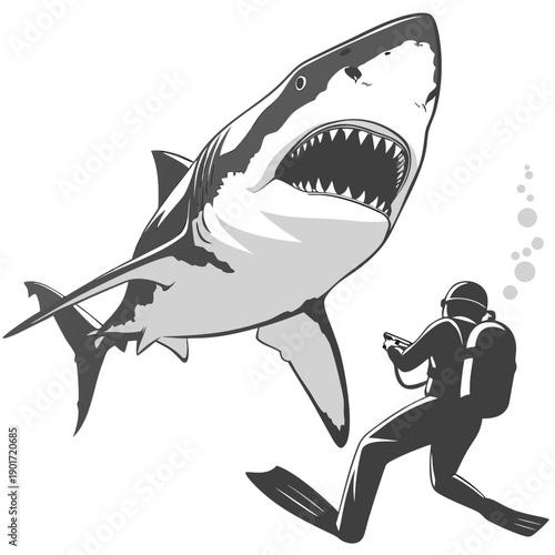 Gray shark approaching scuba diver head on ocean