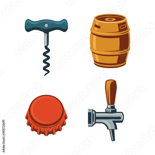 Bar tools and beer elements vector set with corkscrew, wooden barrel, bottle cap, tap handle, brewery workshop, tasting event