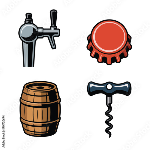 Craft brewery icons showing tap, barrel, bottle cap, corkscrew, beer festival poster, tasting flight station, draft pouring session, homebrewing demo