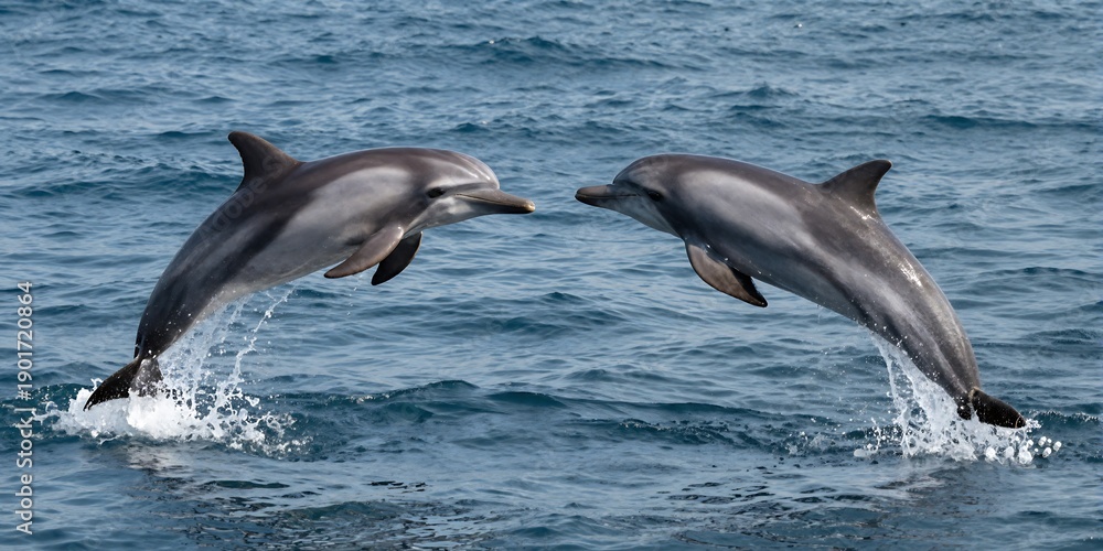 Naklejka premium Two dolphins leaping in synchronized arcs over waves - representing joy, unity, and fluid balance.