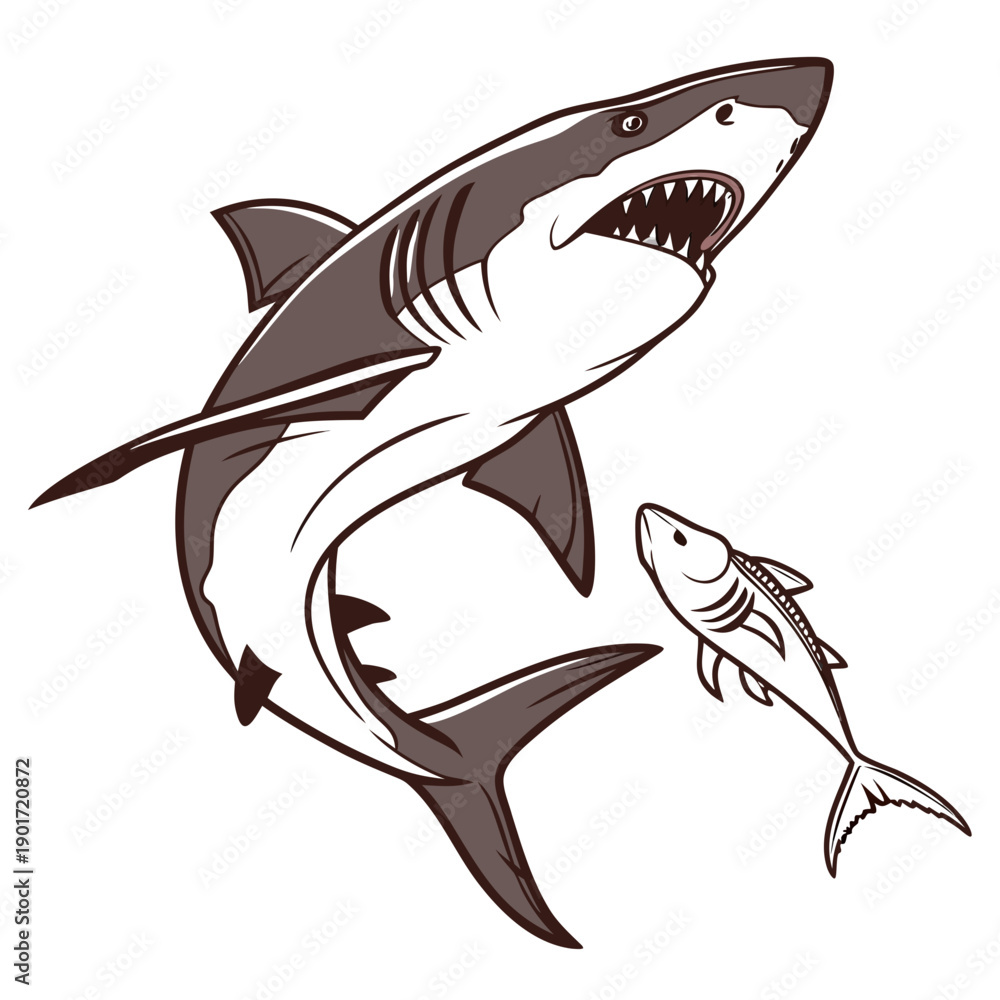 Naklejka premium Shark attacking small fish with open mouth and sharp teeth