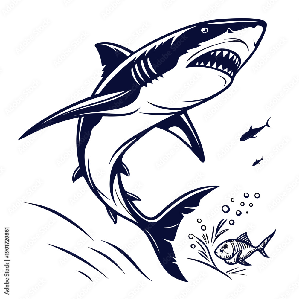 Naklejka premium Shark attacking school of fish underwater predator