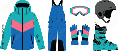 Winter Sports Clothing Vector Illustration Set with Ski Apparel and Accessories