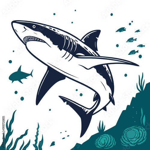 Large shark swimming underwater with seaweed and small fish