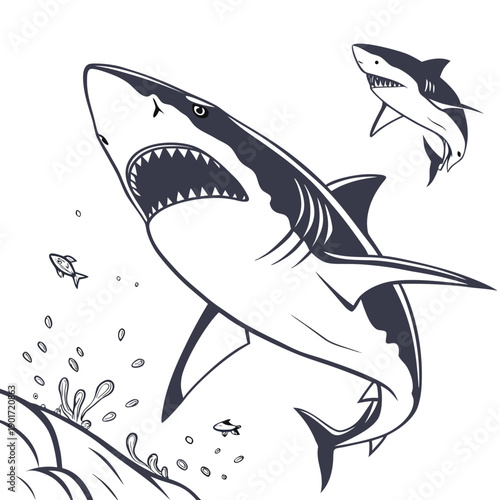 Shark approaching prey with aggressive underwater scene