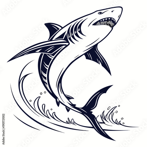 Shark jumping out of water with open mouth and sharp teeth