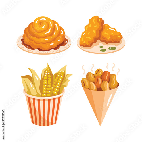 Carnival snack stand illustration, corn in cup, popcorn chicken, crispy bites, festival food icons, family fair tasting session vector